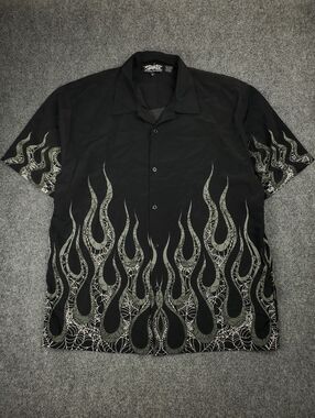 Vintage Y2K Dragonfly Camp Shirt Mens XL Short Sleeve Flames Spider Web Grunge